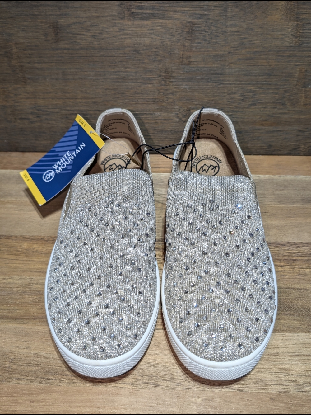 NWT White Mountain Women's 8 Taupe Embellished Bling Slip-On Flat Sneakers
